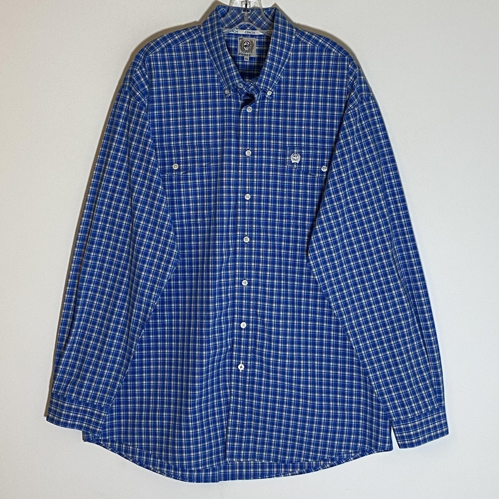 Cinch Shirt Mens XL Blue Plaid Button Down Western Long Sleeve Cotton Casual